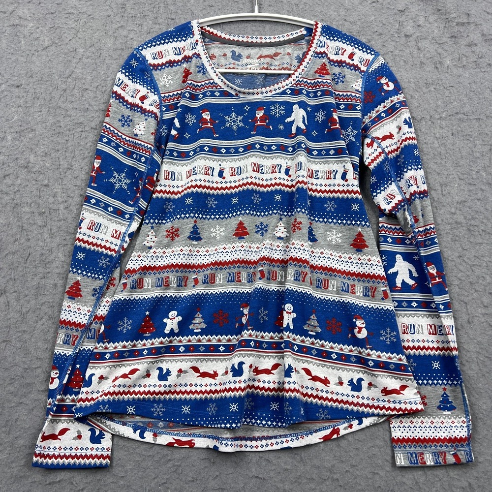 Brooks Top Womens Medium Blue Striped Christmas Run Merry Crew Long Sleeve Shirt
